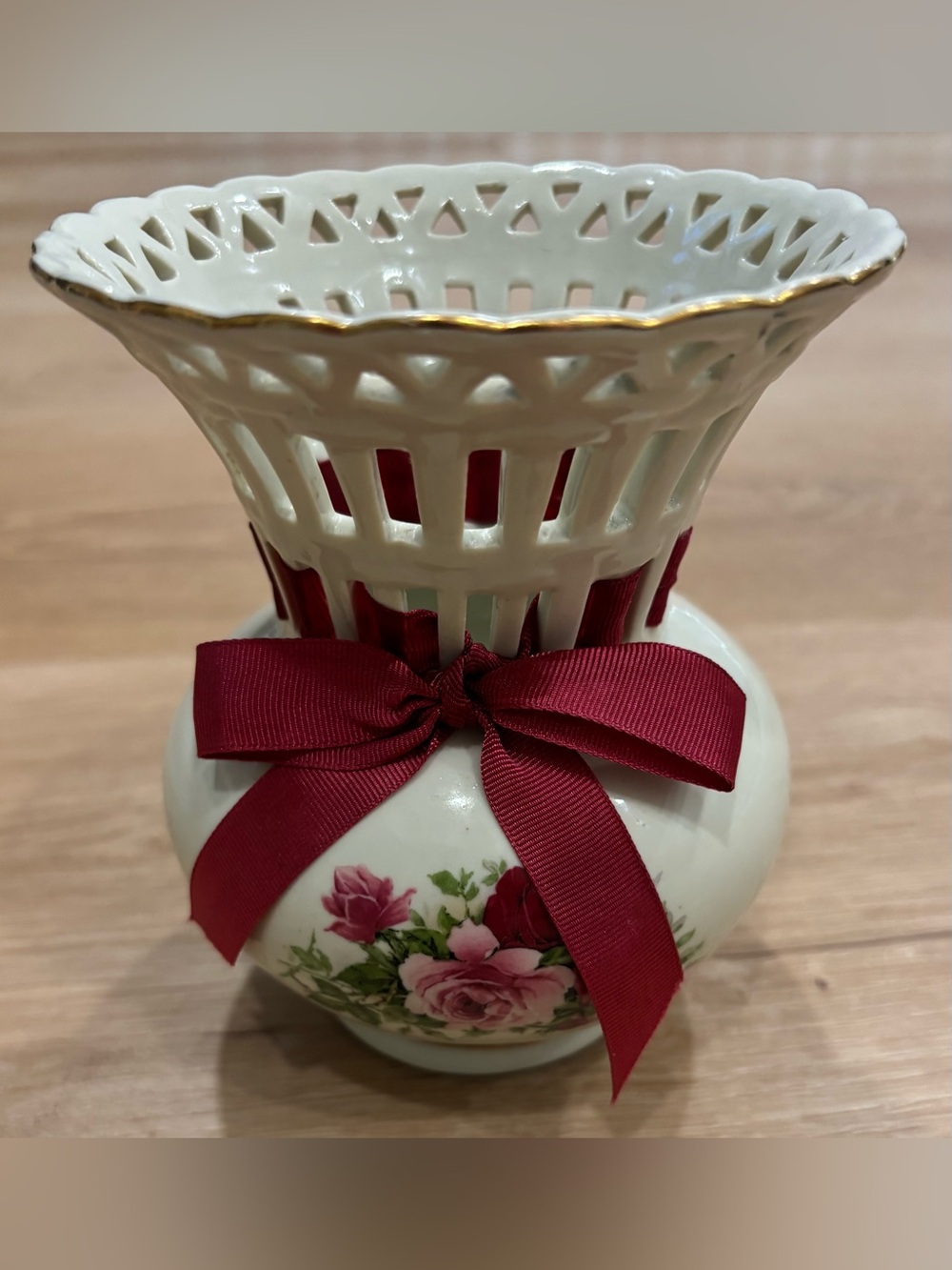 Formalities Baum Porcelain Floral Lattice Vase with Burgundy Ribbon